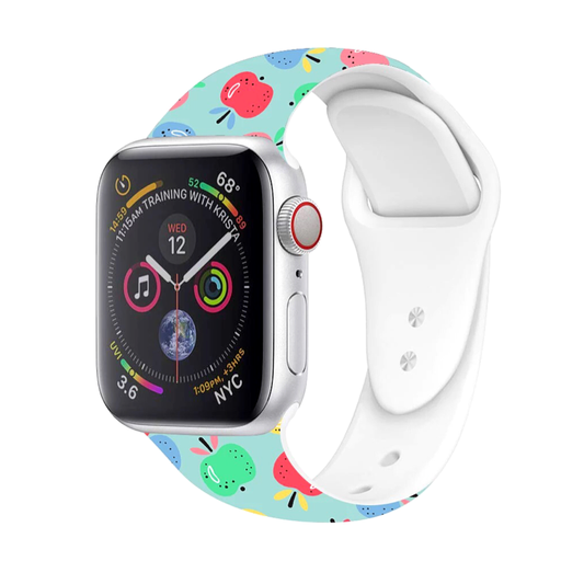 Fun Prints Silicone Sport Band for Apple Watch, Multicolored Apples on Aqua Blue Green Background.