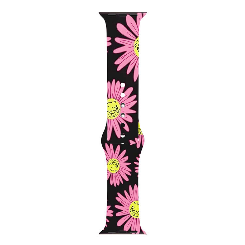 Fun Prints Silicone Sport Band for Apple Watch, Pink Daisy Flowers on Black Background - Flat View.