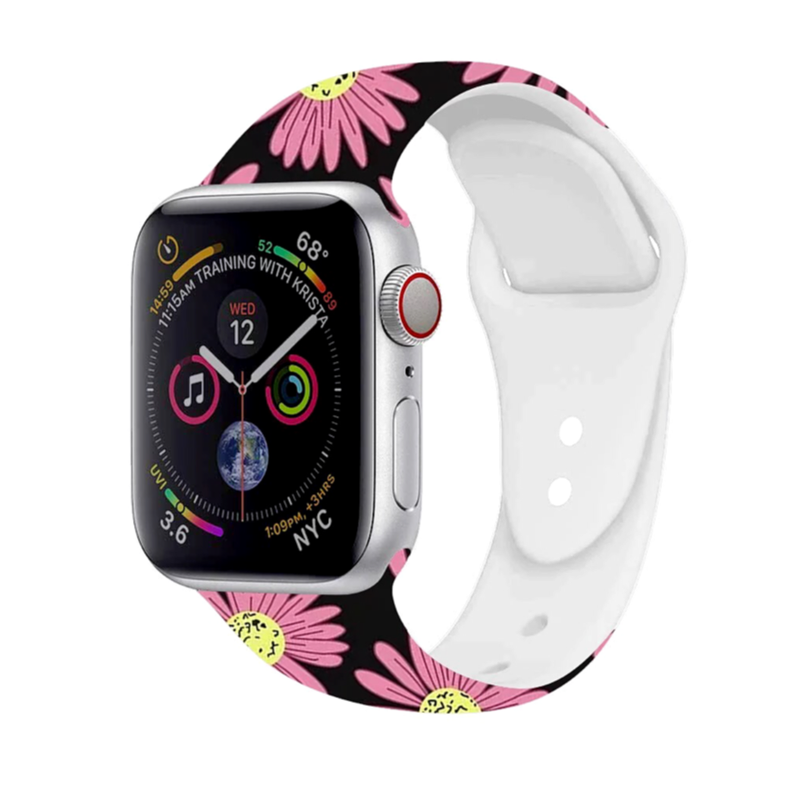 Fun Prints Silicone Sport Band for Apple Watch, Pink Daisy Flowers on Black Background.