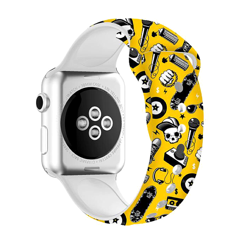 Fun Prints Silicone Sport Apple Watch Band, Black Hip Hop Print on Yellow Background - Back View.