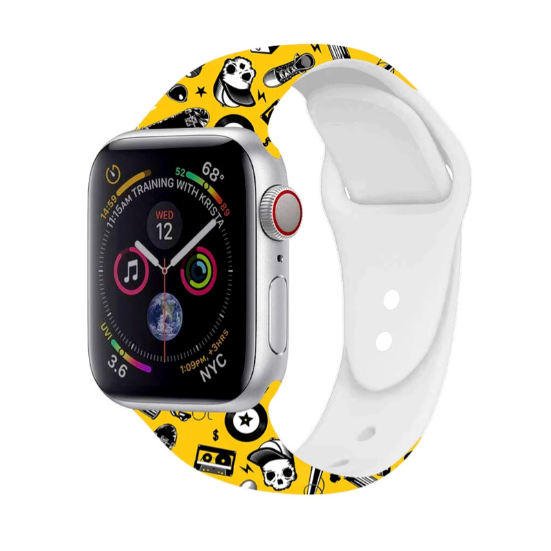 Fun Prints Silicone Sport Apple Watch Band, Hip Hop Print with Black Skulls, Mixtapes, and Skateboards on Yellow Background.