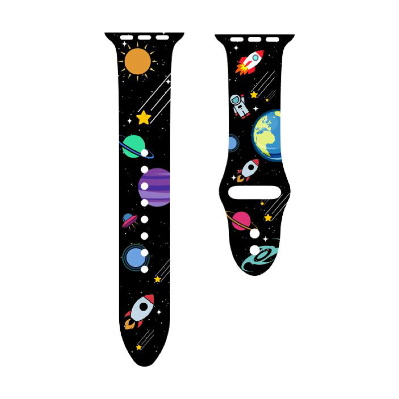 Fun Prints Silicone Sport Apple Watch Band, Colorful Spaceships and Planets in Outer Space on Black Background - Flat View.