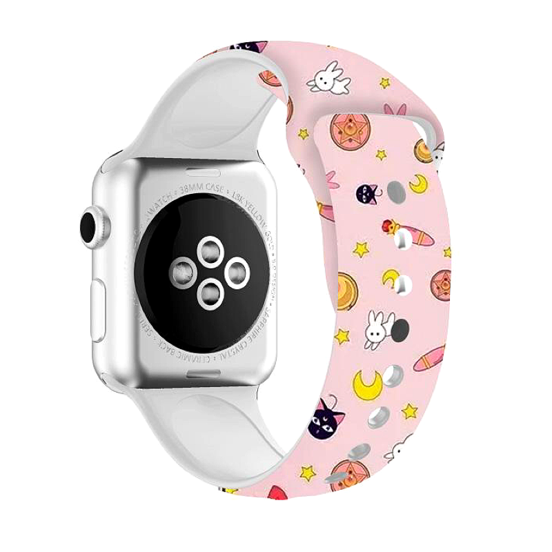 Fun Prints Silicone Sport Apple Watch Band, Warrior Girl - Colorful Stars, Cats, and Bunnies on Pink Background - Back View.