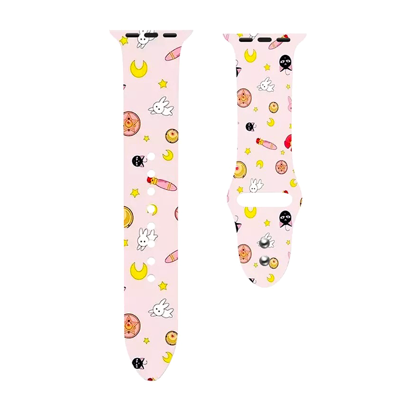 Fun Prints Silicone Sport Apple Watch Band, Warrior Girl - Stars, Moons, Cats, and Bunnies on Pink Background - Flat View.