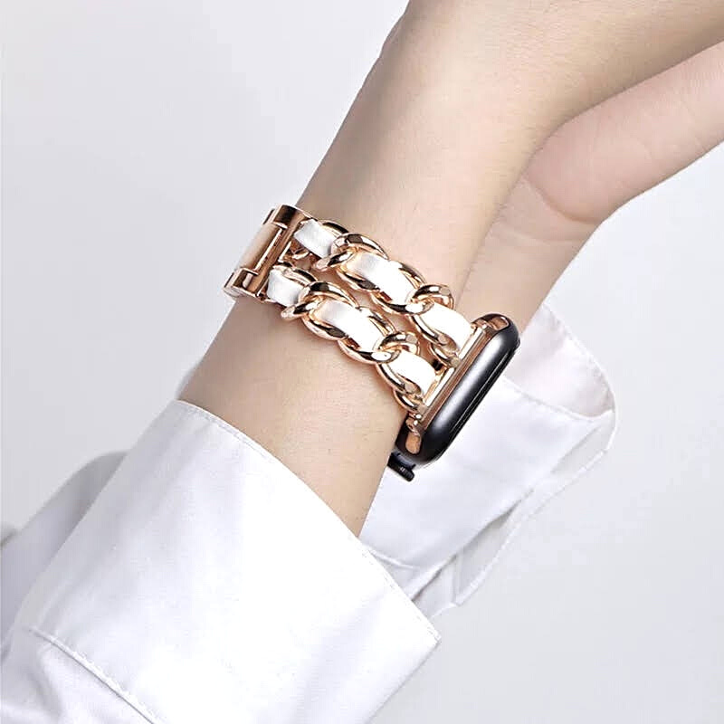 leather chain bracelet band for apple watch 800x800 gold white model 2
