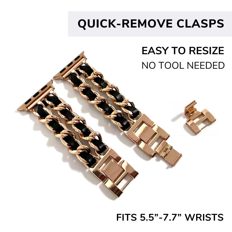 Flat View of a Rose Gold and Black Leather Chain Bracelet Band for Apple Watch with Quick Remove Clasps.