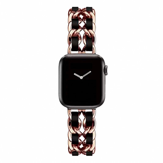 Rose Gold and Black Leather Chain Bracelet Band for Apple Watch.
