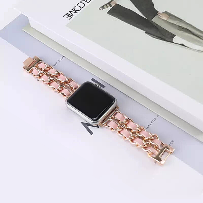 Rose Gold and Pink Leather Chain Bracelet Band and Apple Watch on Display - Flat View.