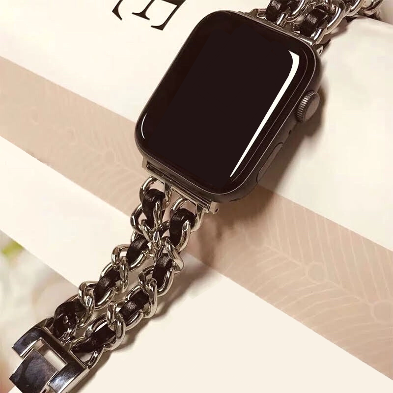 Silver and Black Leather Chain Bracelet Band with Space Gray Apple Watch on Display.