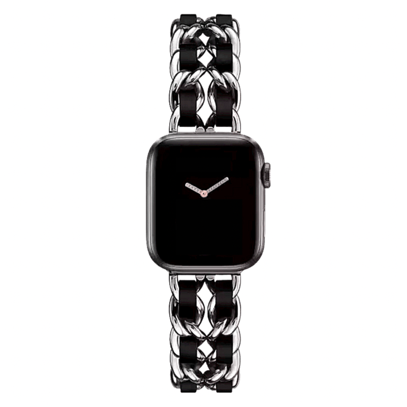 Silver and Black Leather Chain Bracelet Band for Apple Watch.