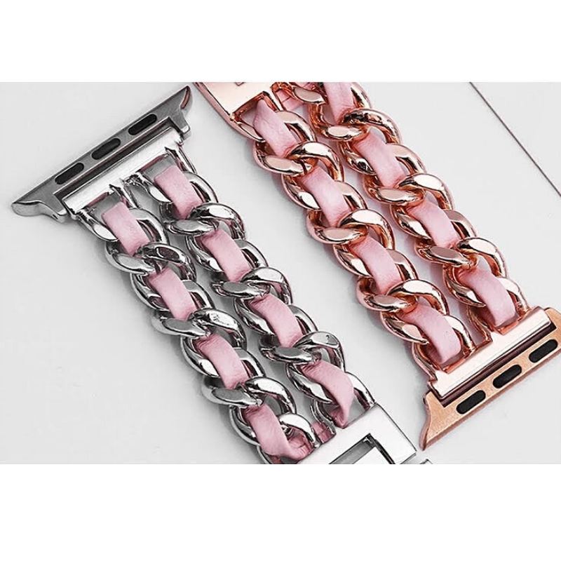 Two Leather Chain Bracelet Apple Watch Bands in Silver and Pink and Rose Gold and Pink - Closeup Detail View.