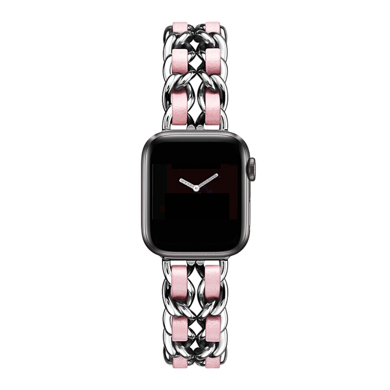 Silver and Pink Leather Chain Bracelet Band for Apple Watch.
