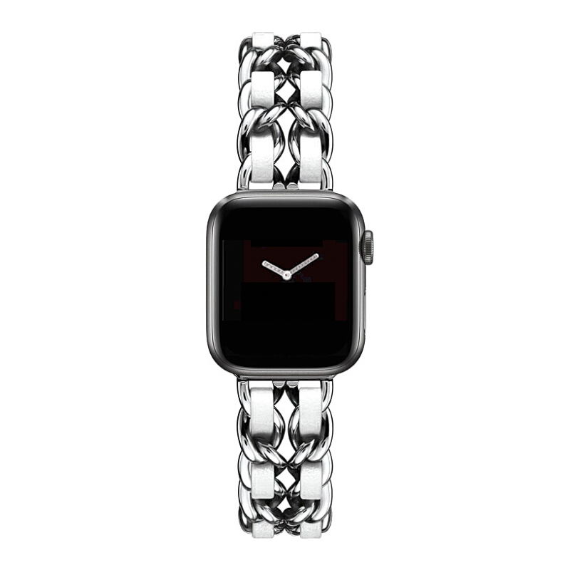 Silver and White Leather Chain Bracelet Band for Apple Watch.