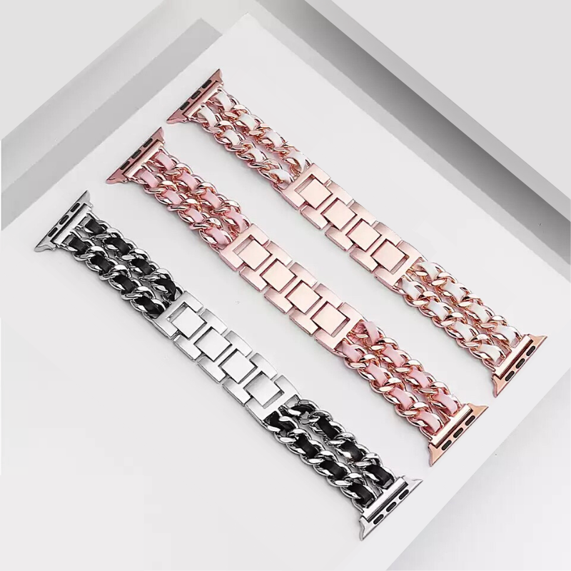 Silver and Black, Rose Gold and Pink, and Rose Gold and White Leather Chain Bracelet Bands on Display - Flat View.