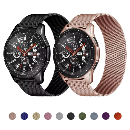 Group of Milanese Universal 22mm Watch Bands on Samsung Galaxy Watches, With Color Swatches.