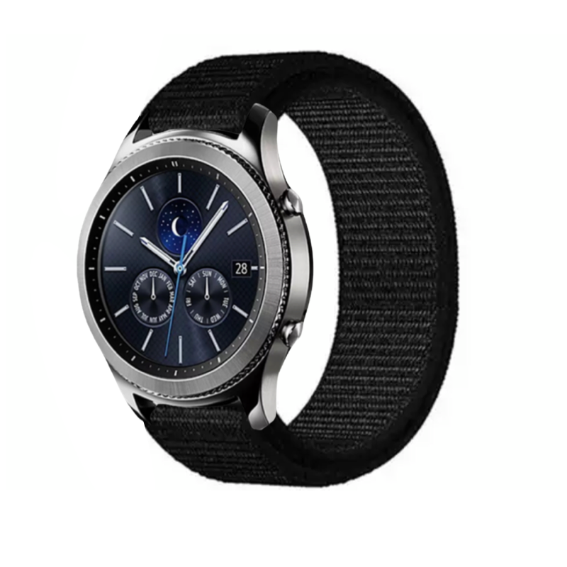 Black Nylon Sport Universal Watch Loop Band on Samsung Gear S3 Classic Watch.