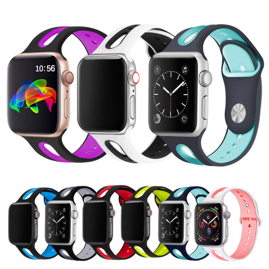 Group of Open Style Silicone Sport Bands for Apple Watch in Various Colors.