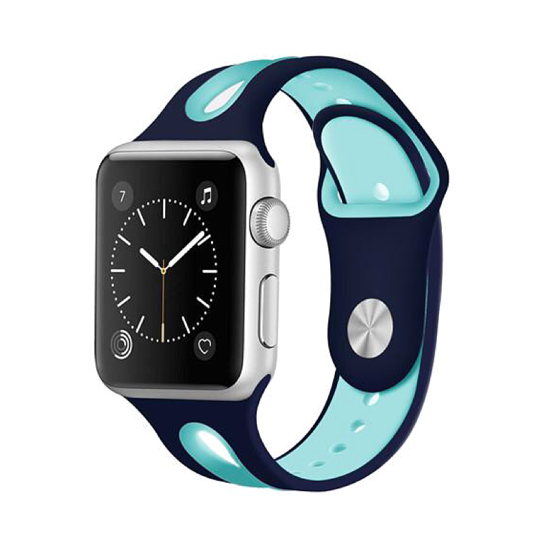 Navy Blue and Aqua Open Style Silicone Sport Band for Apple Watch.