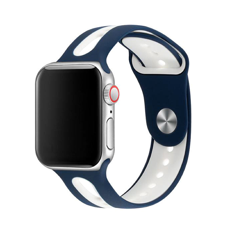 Navy Blue and White Open Style Silicone Sport Band for Apple Watch.