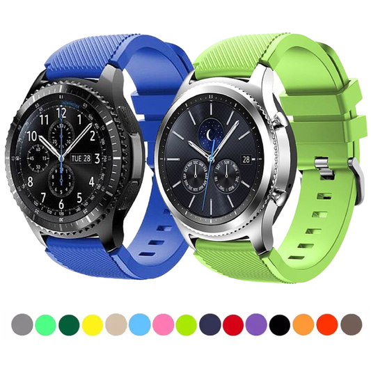 Samsung Gear S3 Frontier and Classic Watches, each with a Rugged Silicone Sport Universal Watch Band.