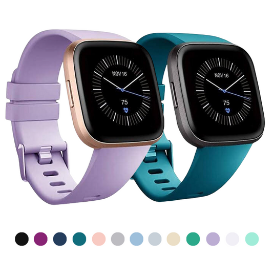 Group of Silicone Sport Bands for Fitbit Versa, Versa 2, Versa Lite, and Versa SE in Various Colors.