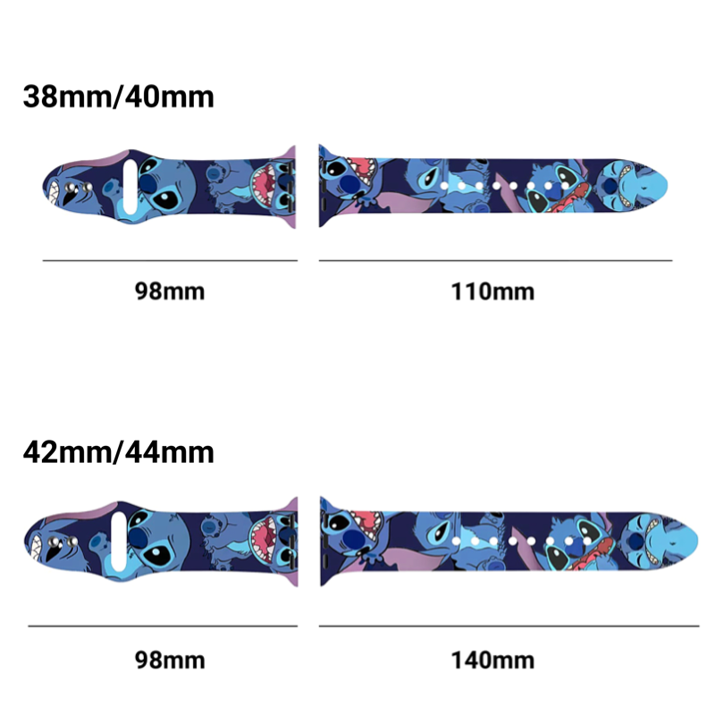 Band Length Measurements for Stitch Disney Inspired Silicone Sport Band for Apple Watch, 208mm and 238mm lengths.