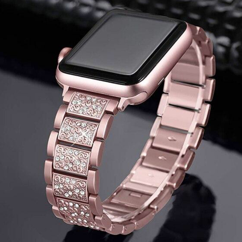 Apple Watch with Pink Vintage Style Diamond Link Bracelet Band on Display.